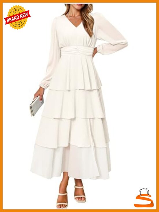 Dresses | Chiffon Flowy Maxi Dress Long Sleeve V Neck Tiered Boho Dresses | Chiffon Flowy Maxi Dress Long Sleeve V Neck Tiered Boho